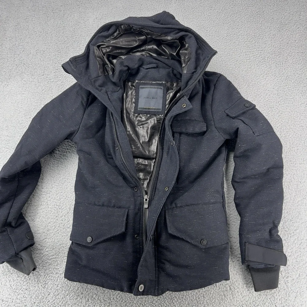 Zara‎ Man Wool Blend Jacket Hooded Pockets Blue Mens Small Winter Coat